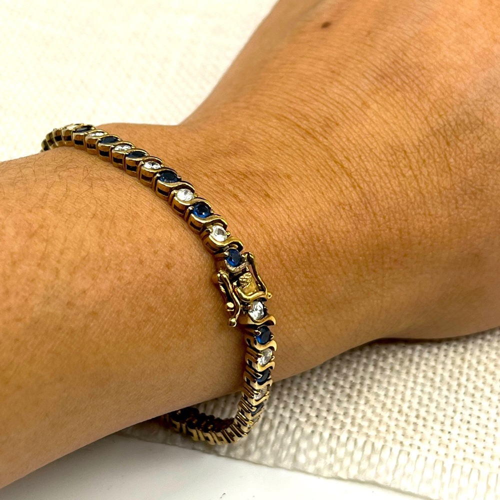 Vintage Estate Gold Over Sterling Silver Tennis Bracelet Sapphire Clear CZ 7.25"